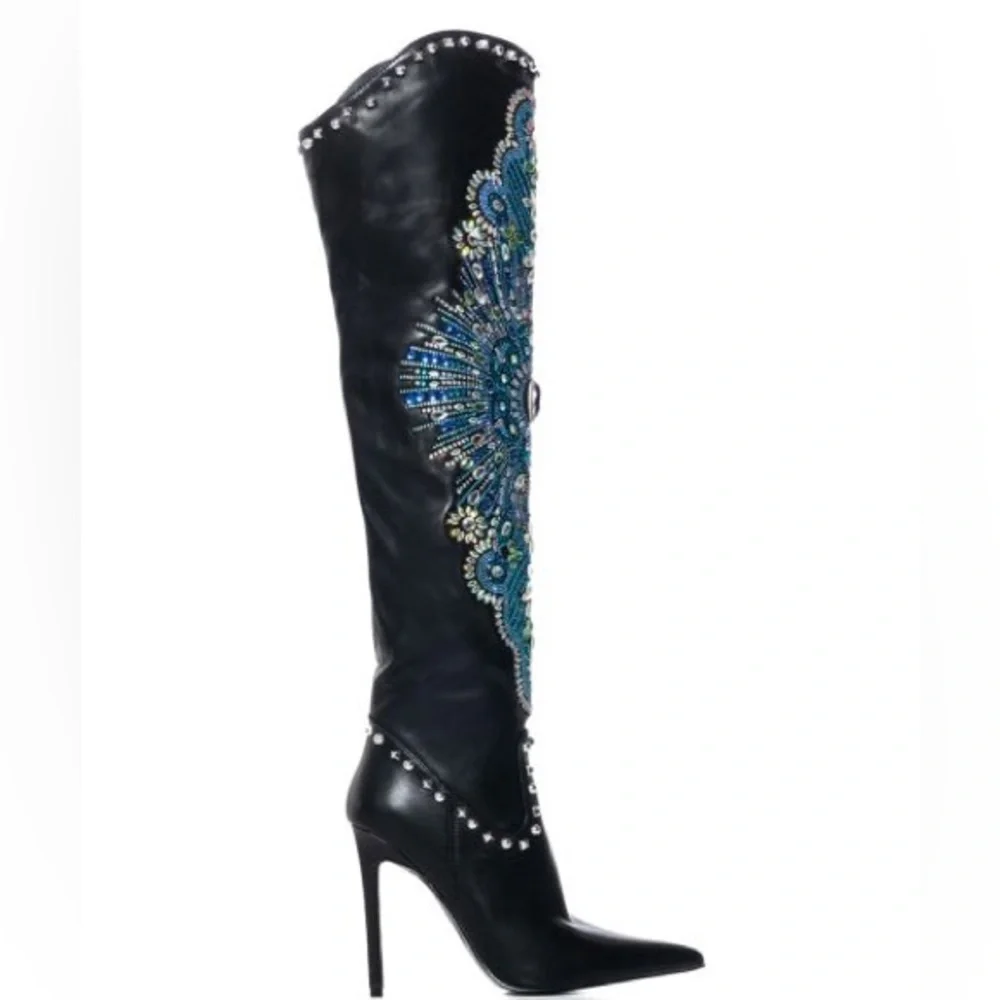 AZALEA WANG Black Leather Embellished Thigh High Boots